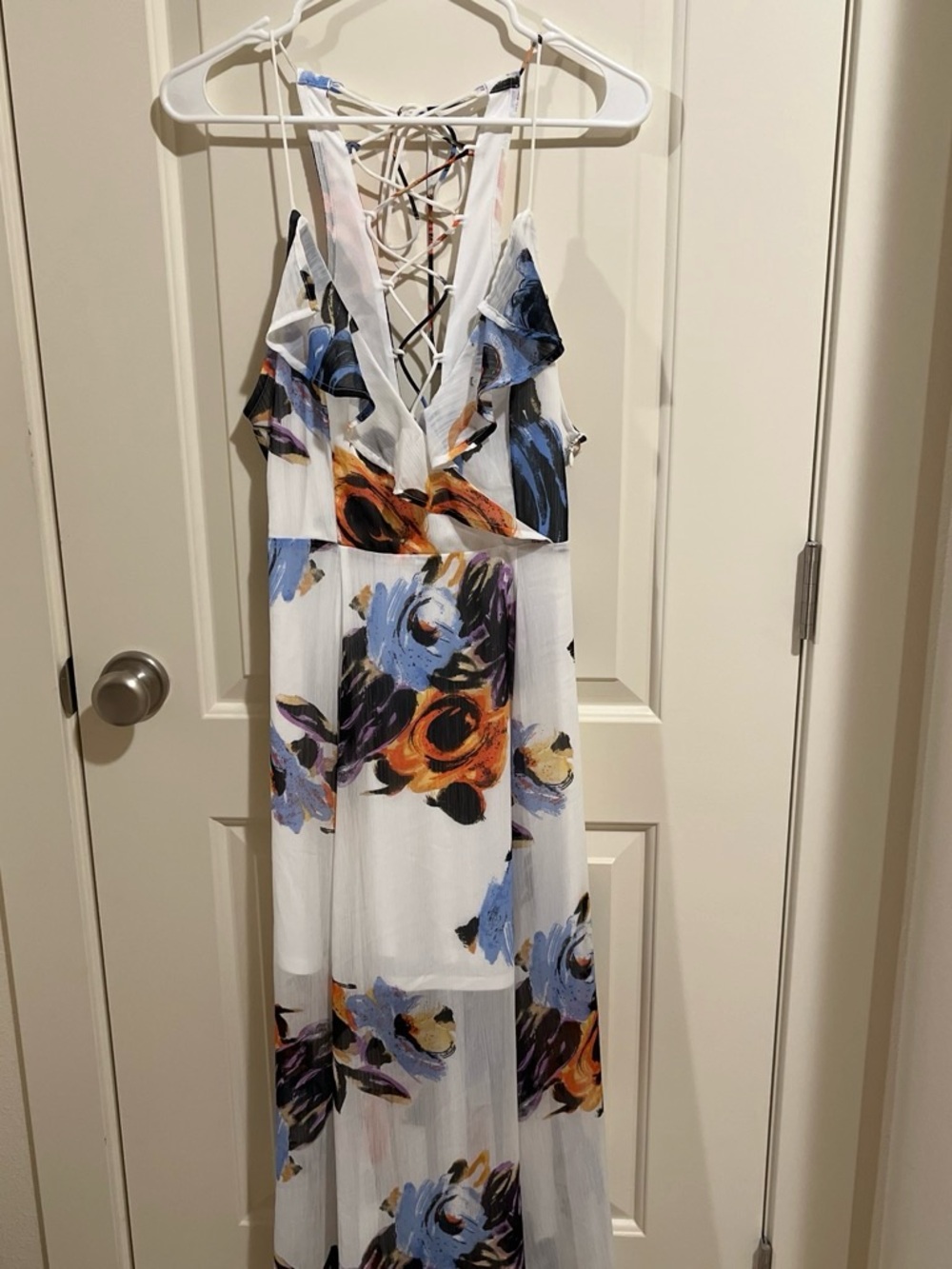 White Floral Maxi Dress with Blue and Orange Print and Lace-Up Back